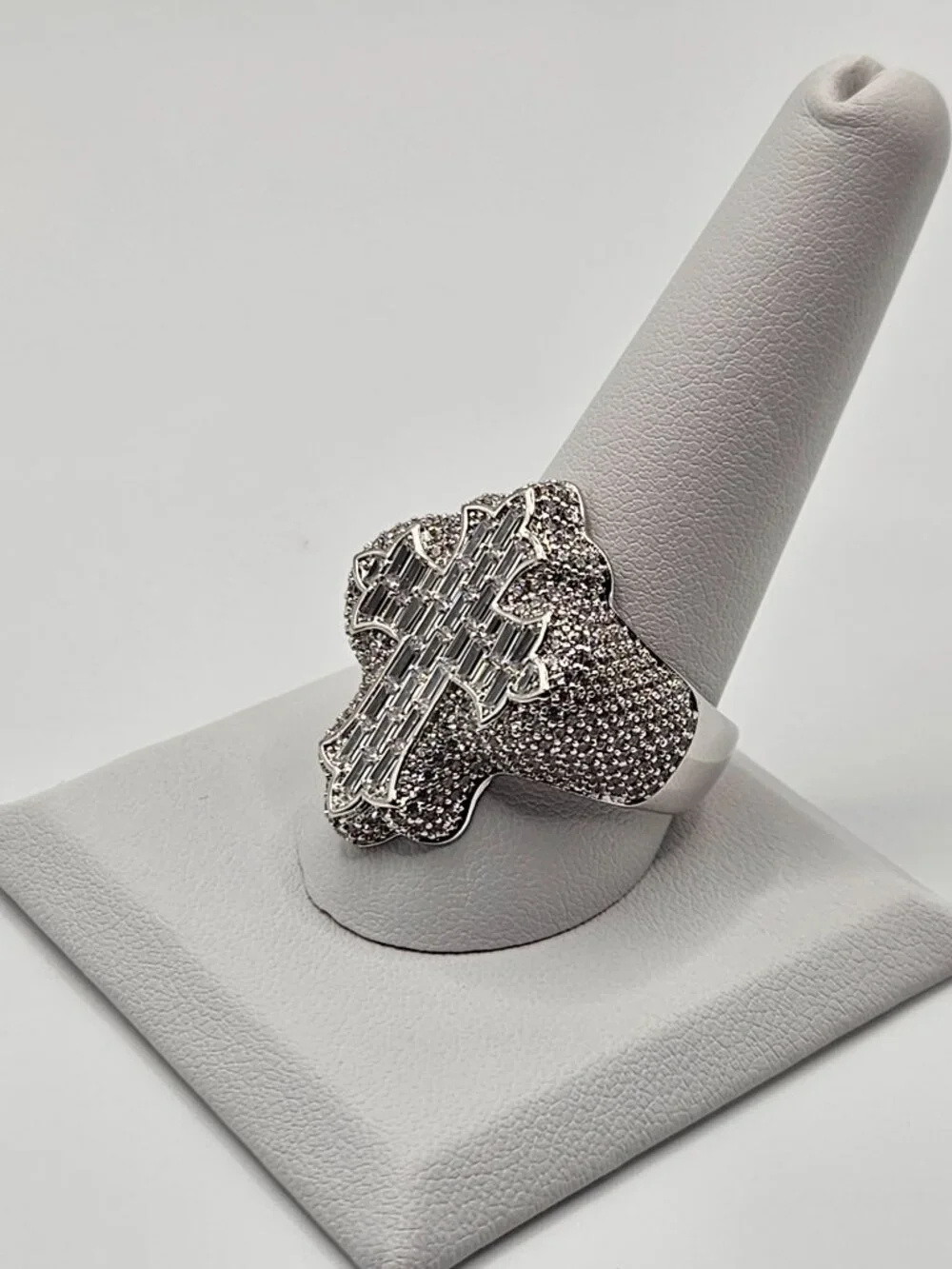 Iced Out Silver Filled Cross Ring 5A CZ Baguette Iced Out Size 11